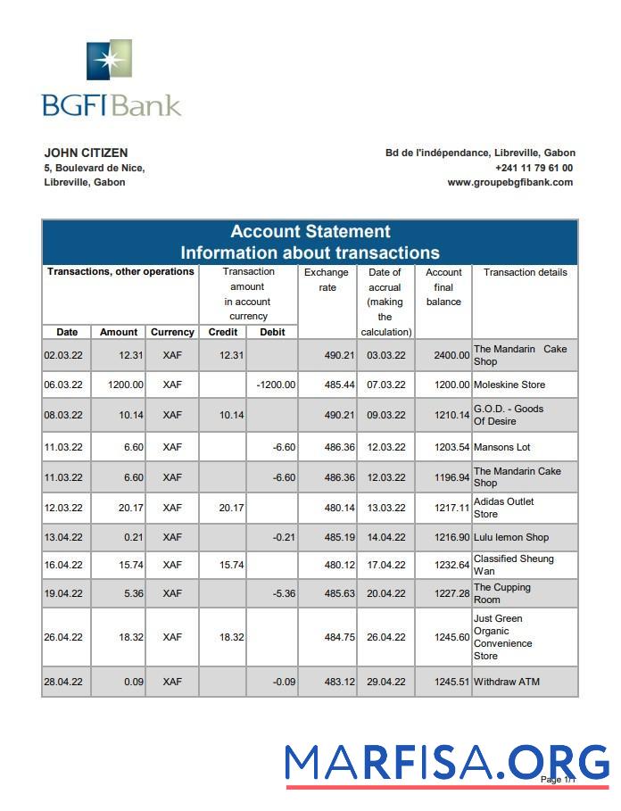 Printable Gabon BGFI bank statement excel real example